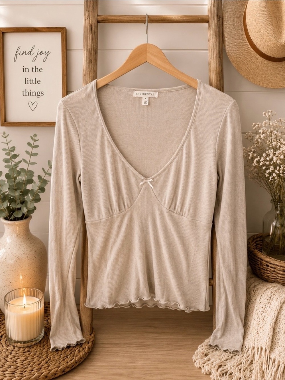 Sincerely Jules Beige Long Sleeve V-Neck Knit Top